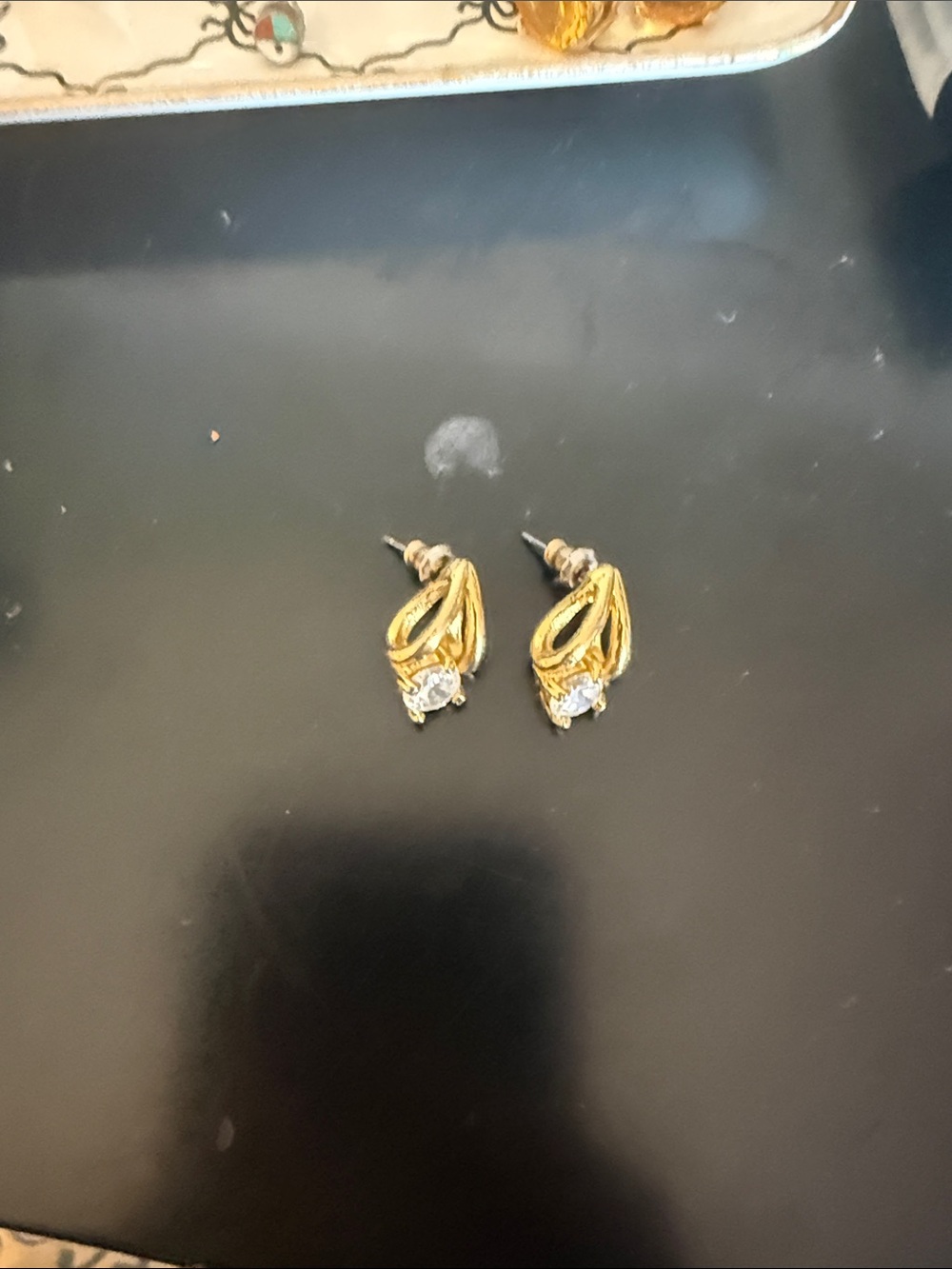 Gold Tone Drop Earrings with Clear Stone Accent